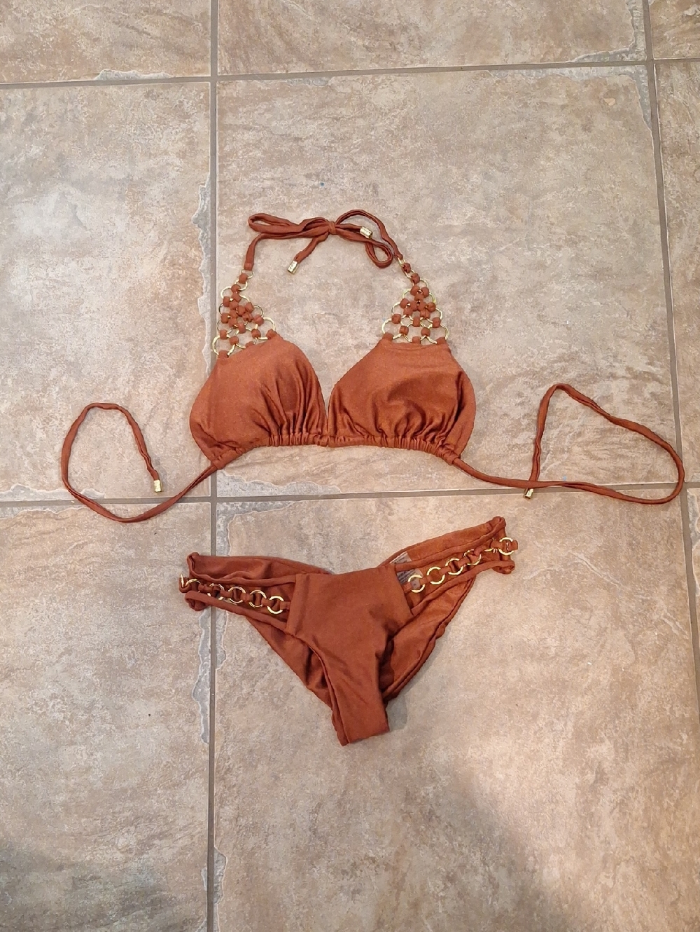 Beach Bunny Rust Copper Bikini with Gold Chain Accents